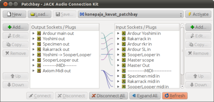 Esimerkki patchbaysta, jossa paljon sekä midi- että audiokytkentöjä.