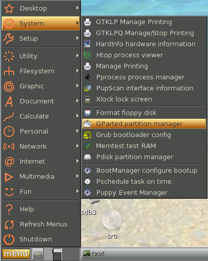 Gpartedin käynnistäminen